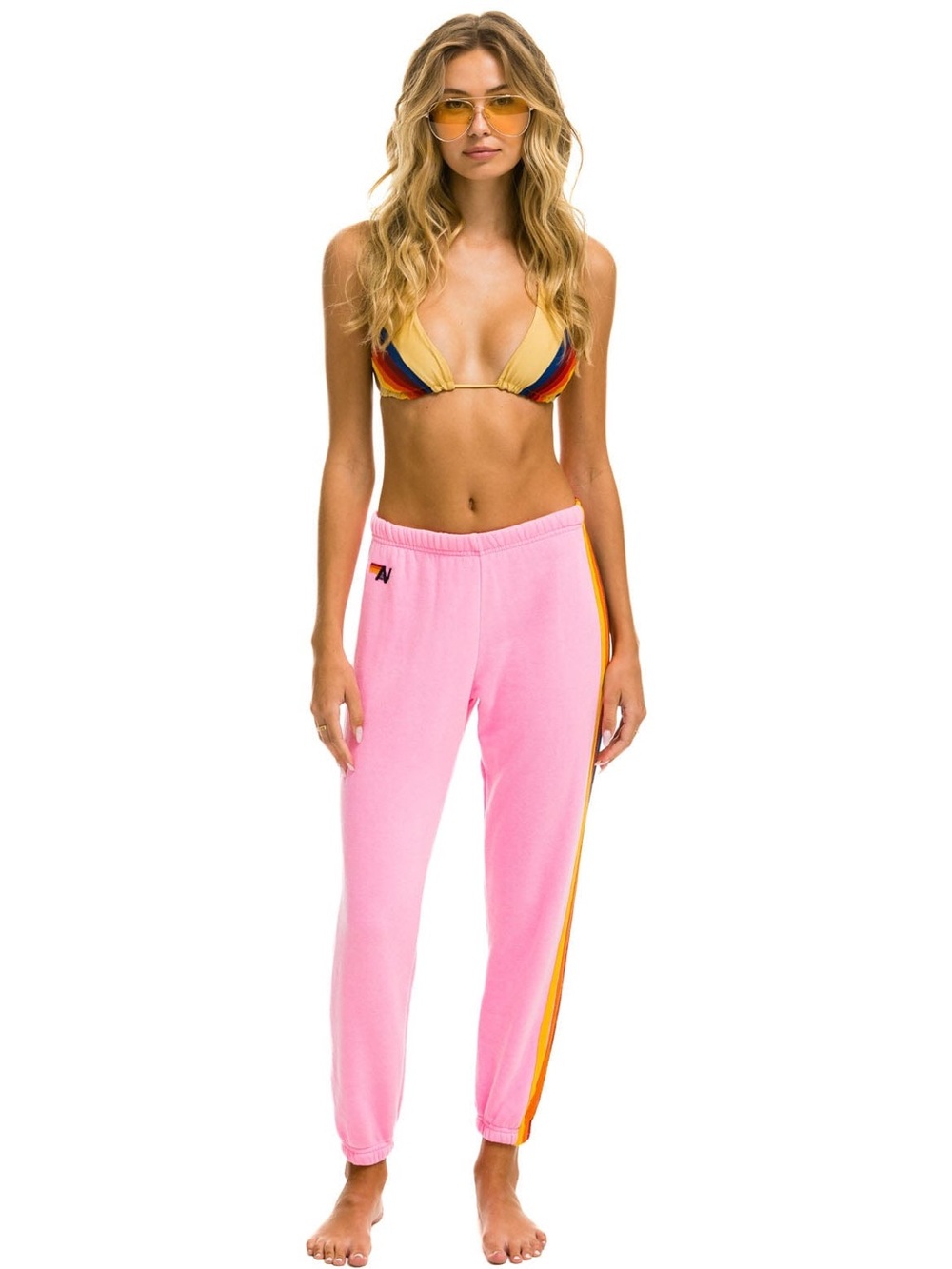 Aviator Nation - 5 STRIPE SWEATPANTS - NEON PINK - Rainbow Stripe - Size XL